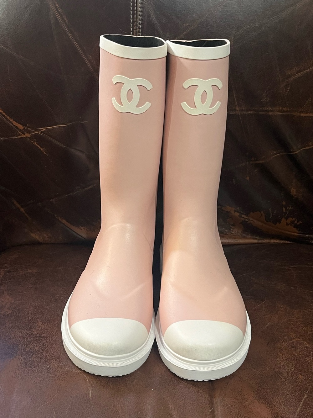 Double C Designer Pink Caoutchouk Rubber Rain Boots Size 9